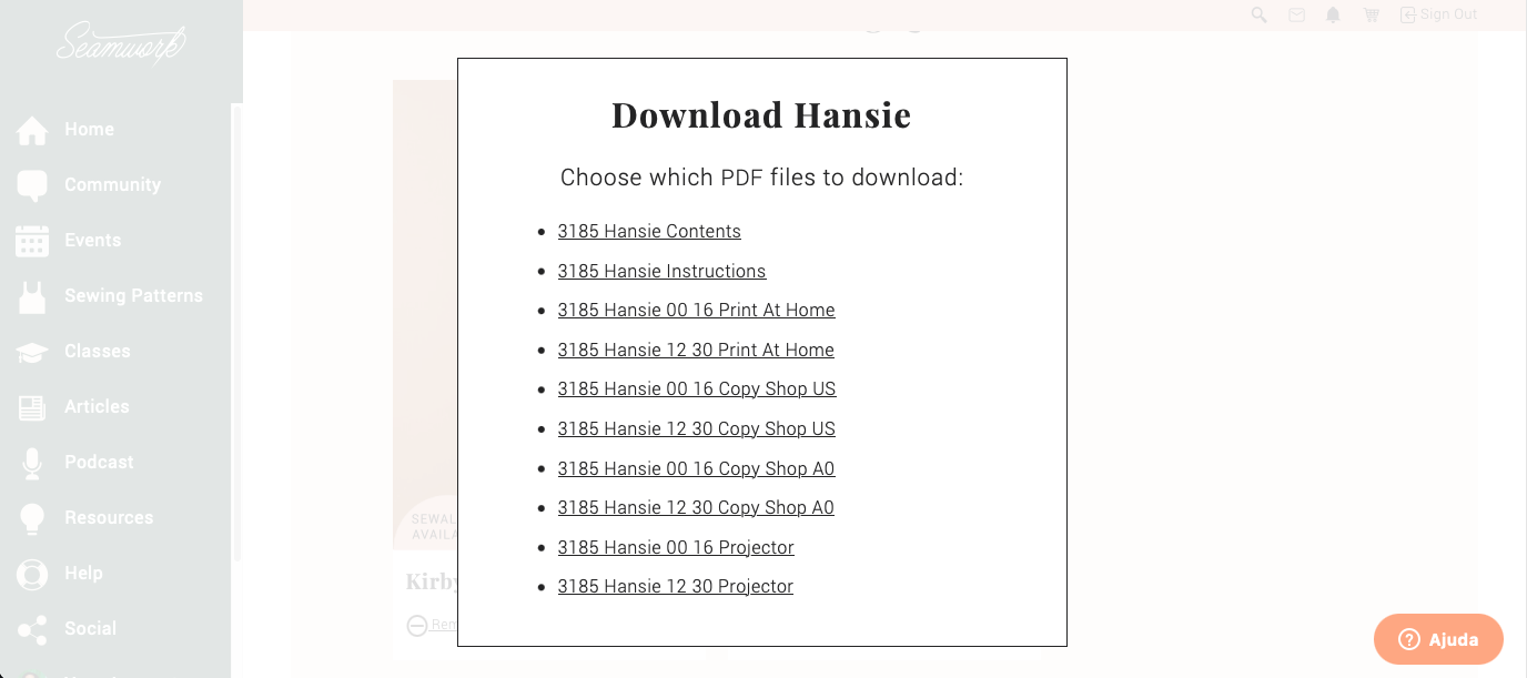 Lista de formatos disponíveis para o molde dentro do Seamwork