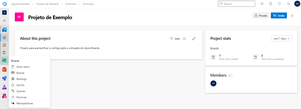 Menu de acesso ao Azure Boards