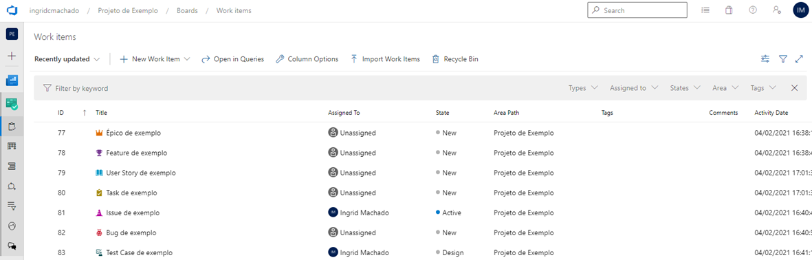 Tela "Work items" com o filtro "Recently updated" selecionado