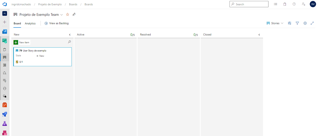 Tela "Boards" exibindo uma User Story