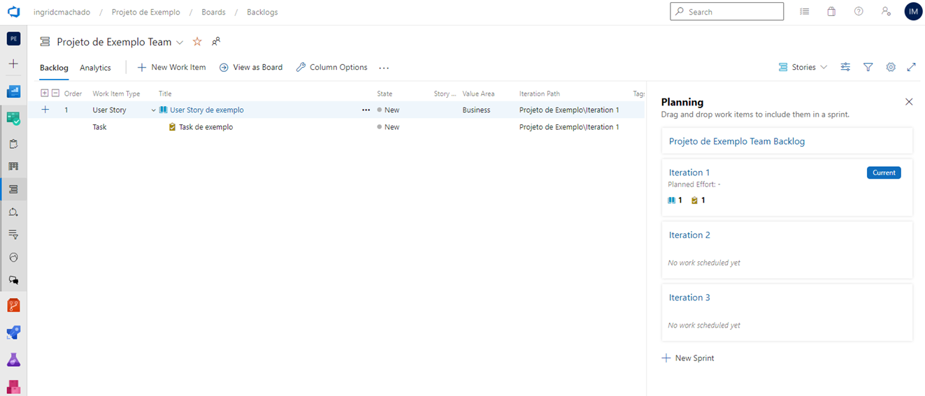 Tela "Backlogs" exibindo uma User Story com uma Task e as Sprints existentes no painel lateral
