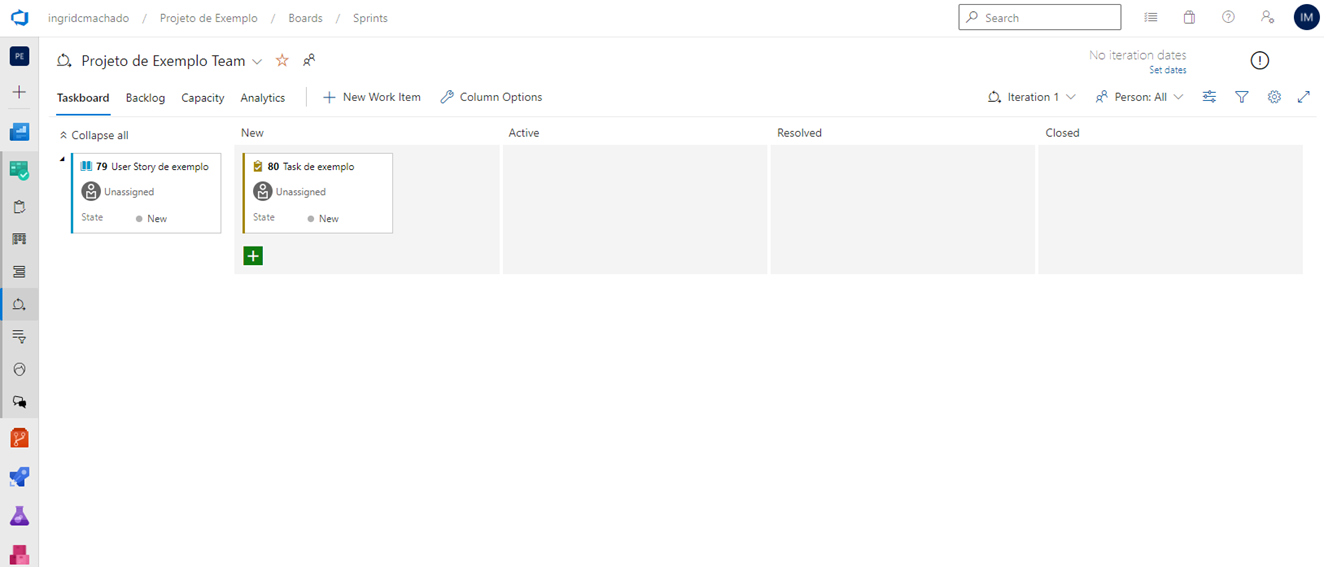 Tela "Sprints" exibindo uma User Story com uma Task em forma de card