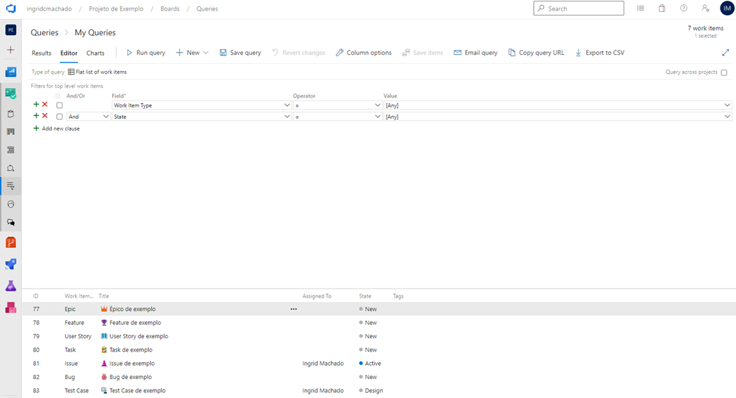 Tela "Queries" exibindo uma query com a consulta dos work items e o resultado na parte inferior
