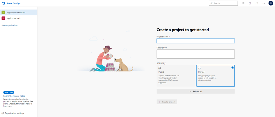 Tela inicial do Azure sem projetos existentes