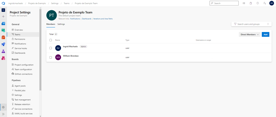 Página com a configuração do time default do projeto