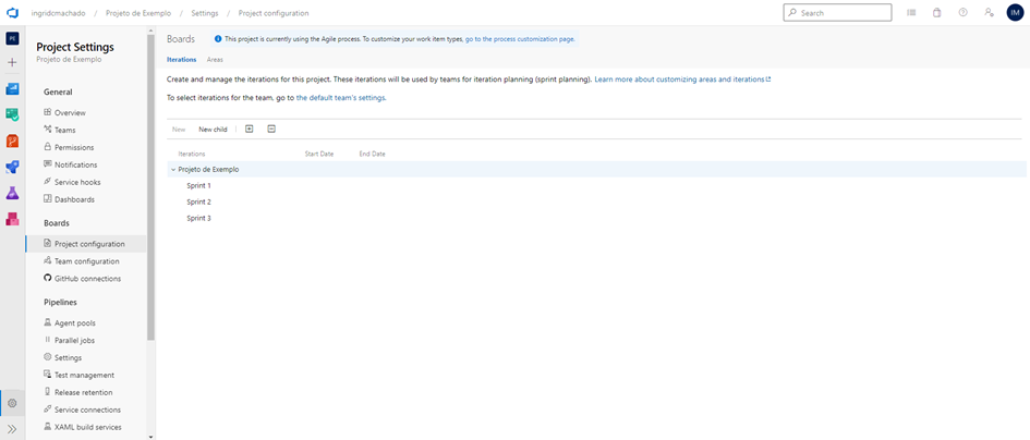 Página com a configuração das iterações do Azure