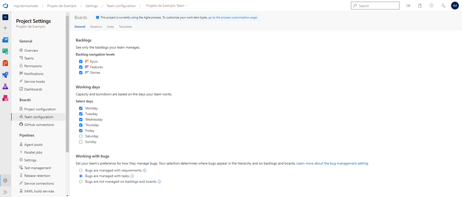 Página com a configuração dos tipos de work items do Azure