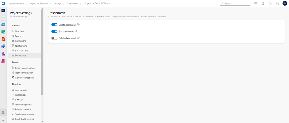 Página com a configuração de permissão dos dashboards do Azure