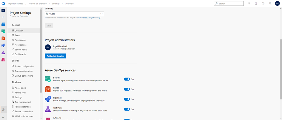 Página com a configuração geral do projeto no Azure