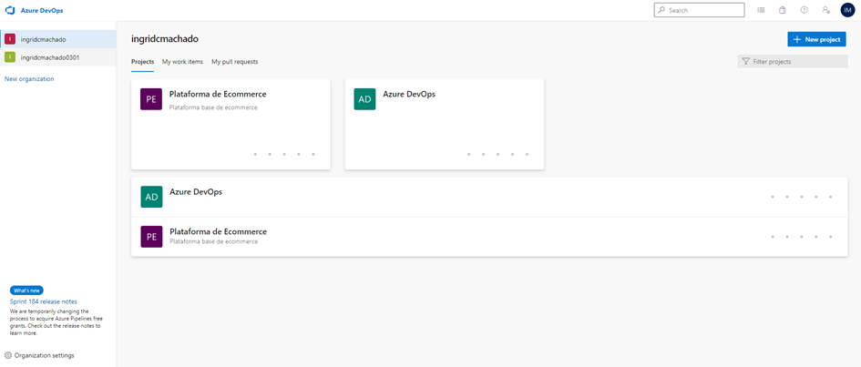 Tela inicial do Azure sem projetos existentes