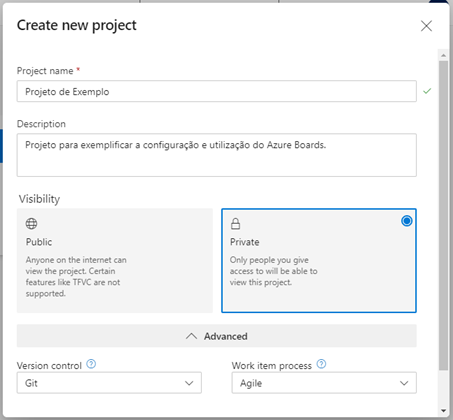Menu para a criação de um novo projeto