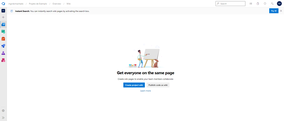 Tela com opção de criar Wiki, exibida quando o projeto não possui nenhuma Wiki criada