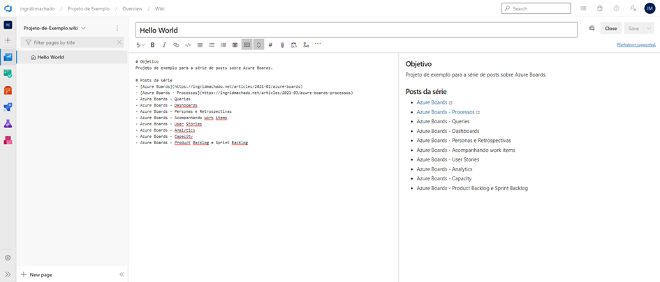 Página "Hello World" com informações de exemplo