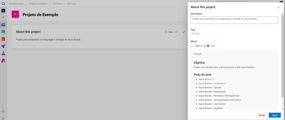 Menu para configurar o que é exibido no campo "About this project" na página inicial do Azure
