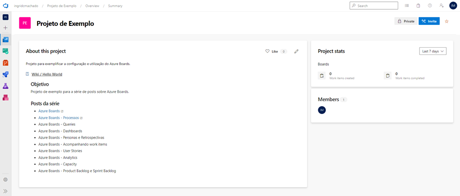 Página inicial do Azure exibindo a Wiki no campo "About this project"