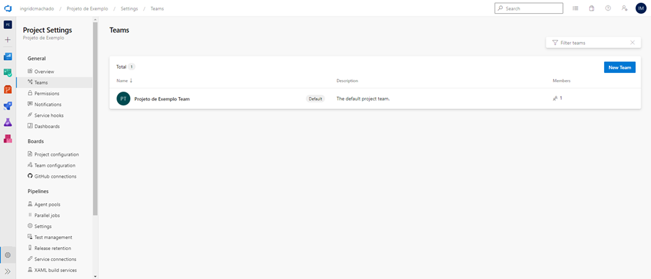 Página com a configuração dos times do projeto