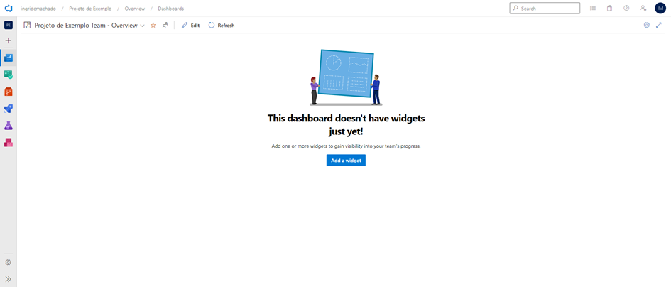 Tela inicial do dashboard vazio