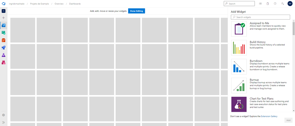 Modo de edição do dashboard