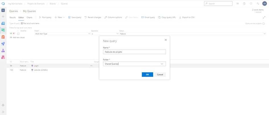 Tela pra salvar a query