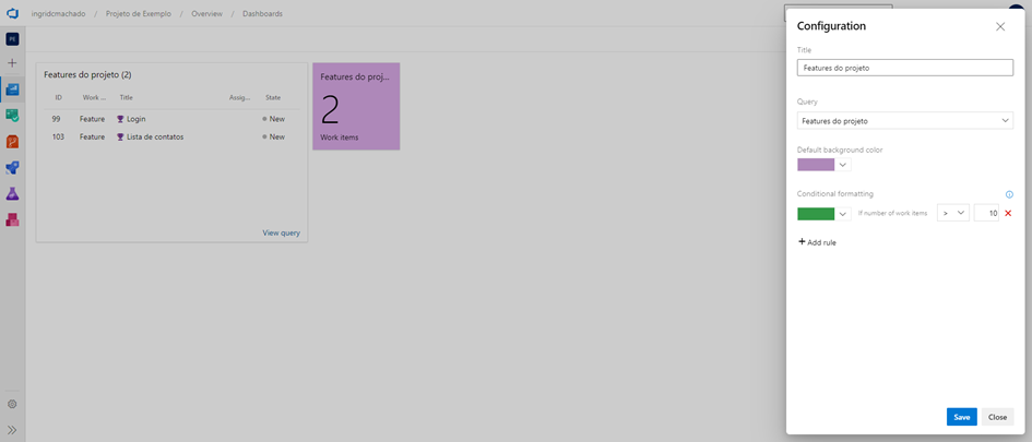 Configuração do widget com a opção de cor condicional