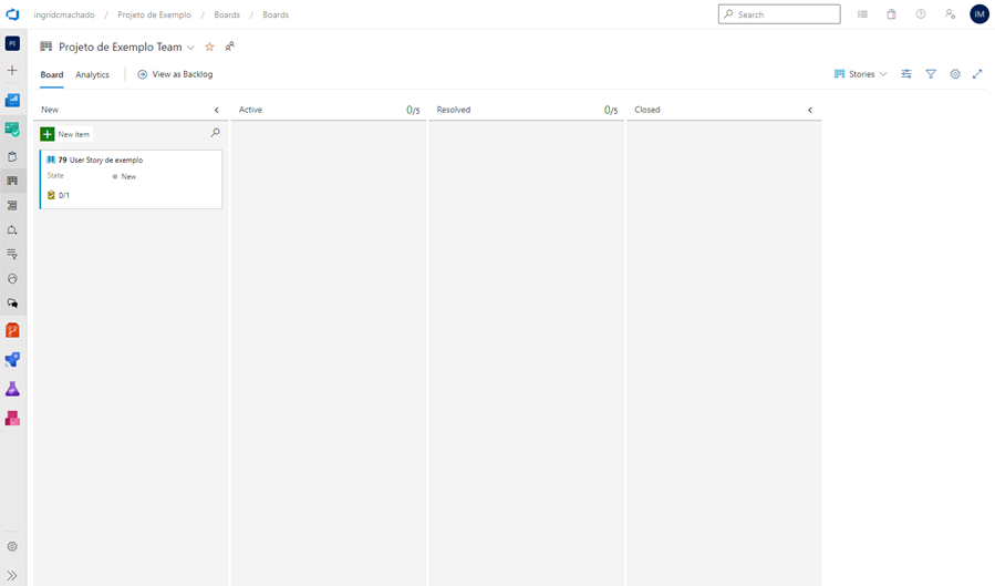 Quadro Kanban com uma User Story em New