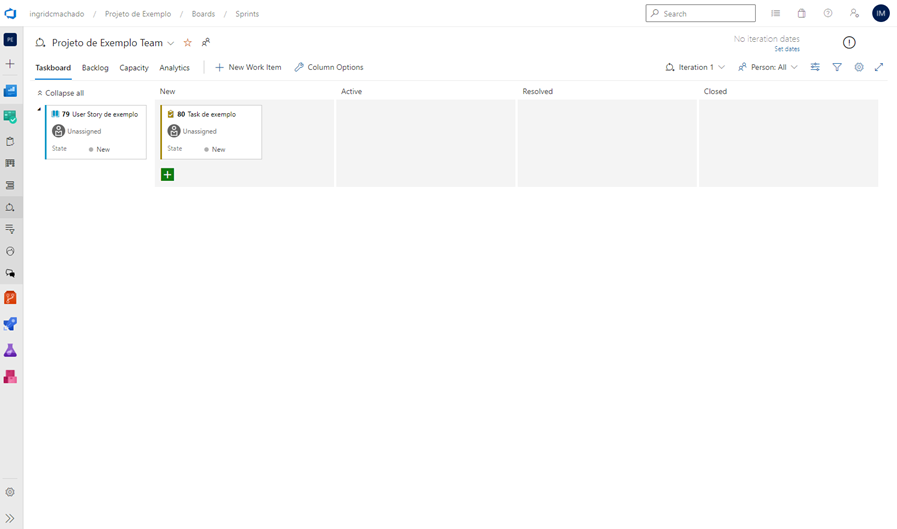 Taskboard com uma Task em New