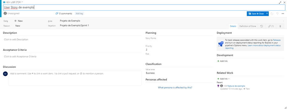 Detalhes da User Story
