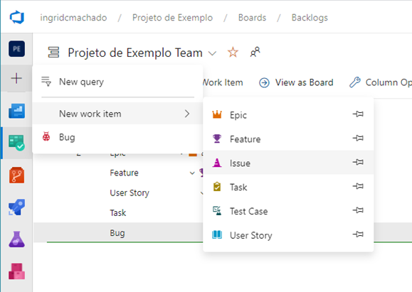 Área para a criação da Issue