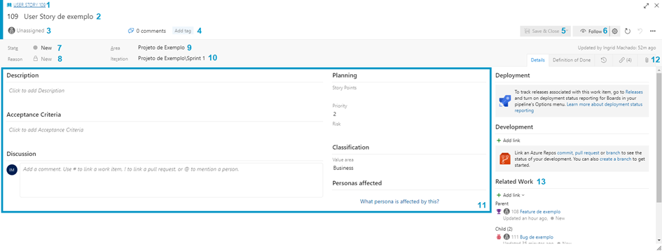 Detalhes da User Story com as marcações numéricas