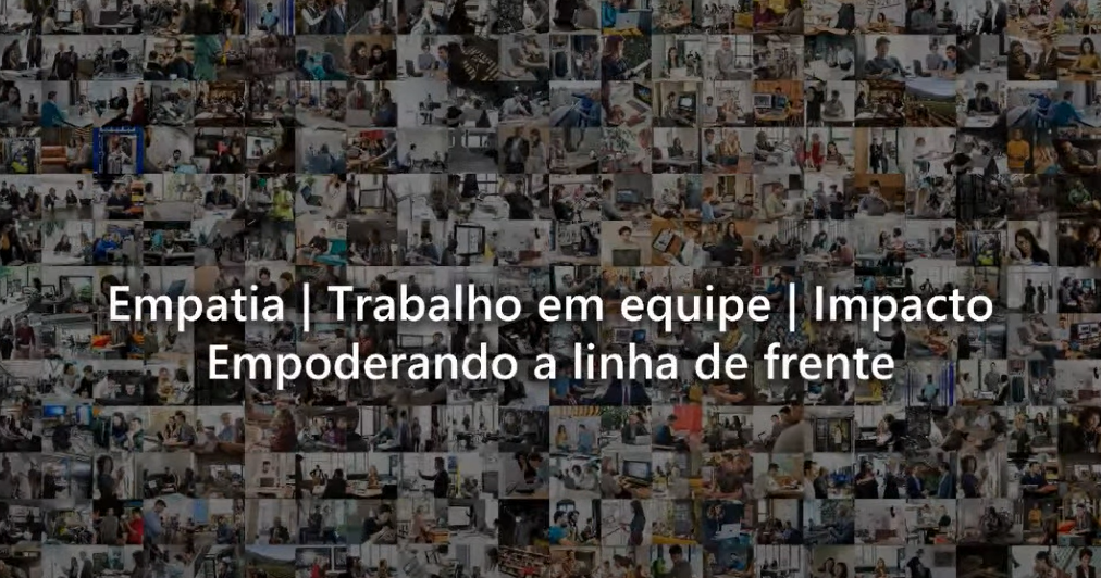 "Slide mostrando o foco durante a pandemia: empatia, trabalho em equipe, impacto e empoderamento da linha de frente"