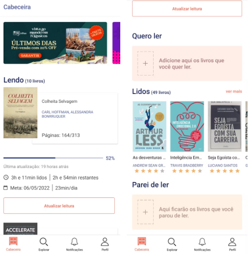 Imagem com uma montagem de dois prints da tela inicial do aplicativo