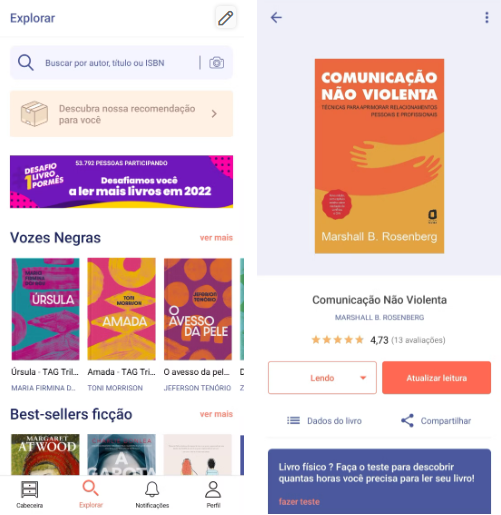 Imagem com uma montagem de dois prints da tela da área explorar e a tela de detalhes do livro