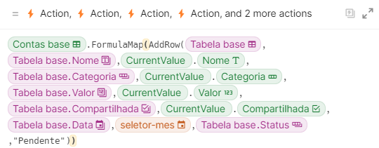Print da fórmula para adicionar as contas da tabela "Conta base" na tabela "Tabela base"