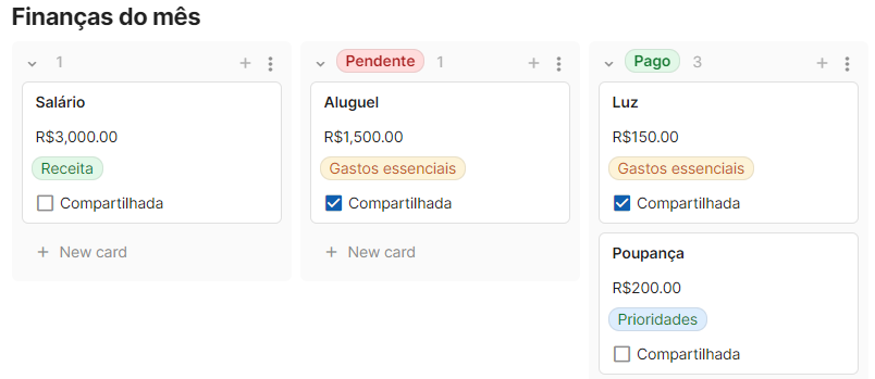 Print das colunas das finanças do mês