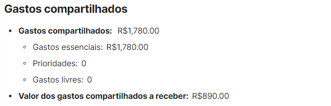 Print de gastos compartilhados na página do relatório
