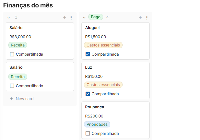 Print das finanças do mês na página do relatório