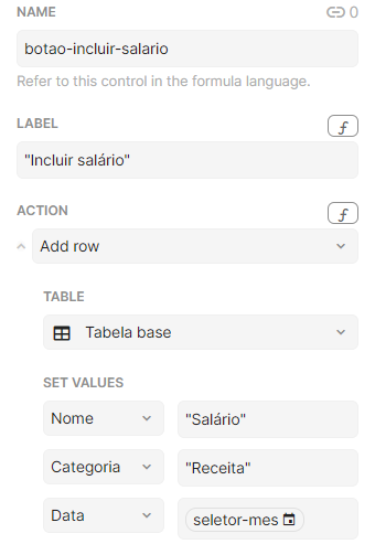 Print da configuração do botão de incluir salário