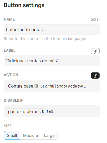 Print da configuração do botão de adicionar contas do mês