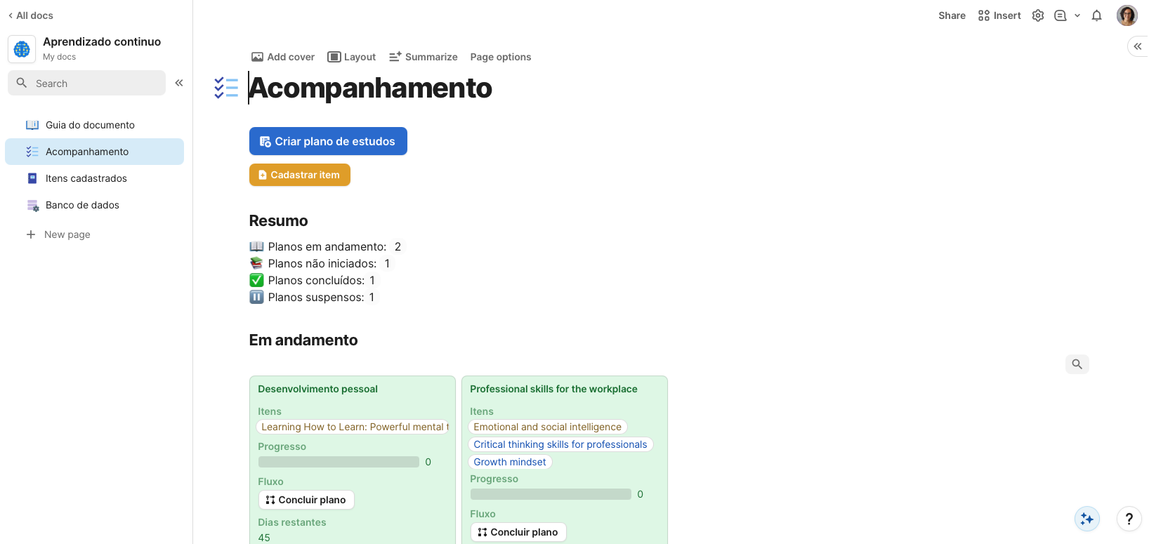 Inclusão de um resumo na página de acompanhamento