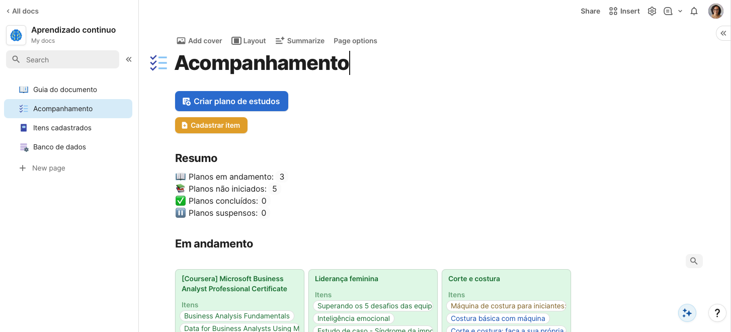 Visão do documento com os meus dados reais na parte do resumo do acompanhamento