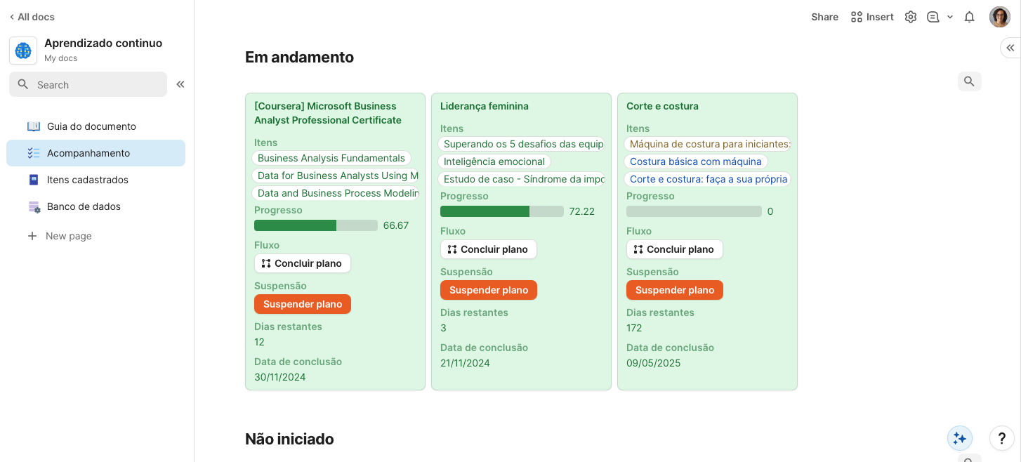 Visão do documento com os meus dados reais na parte dos planos de estudos em andamento