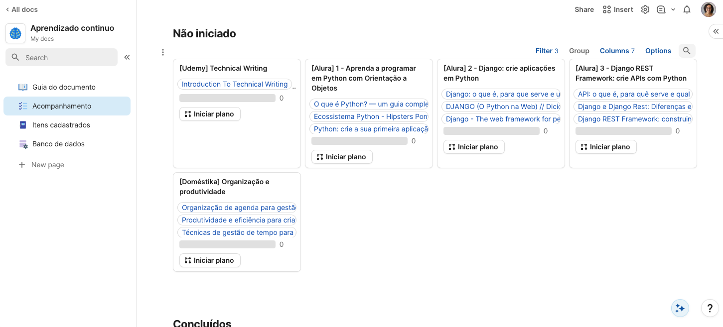 Visão do documento com os meus dados reais na parte dos planos de estudos não iniciados