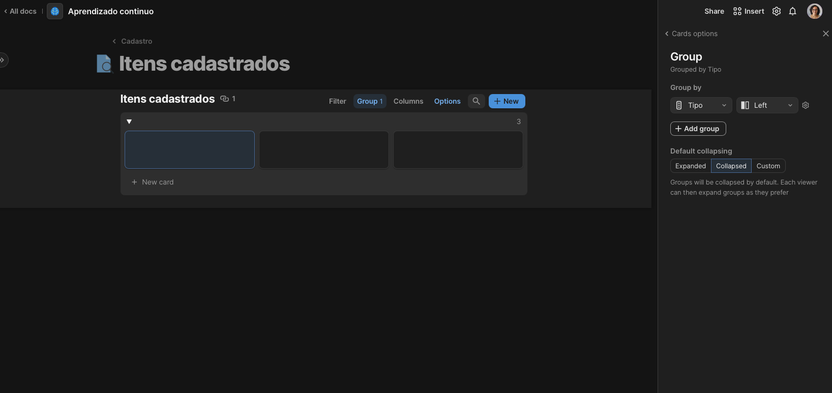 Criação da página de itens cadastrados