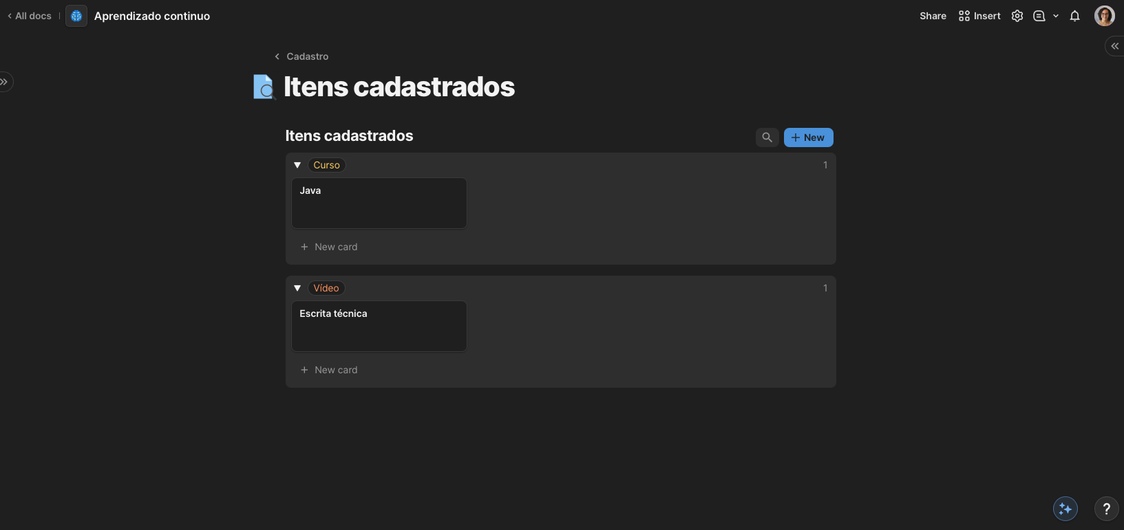 Página de itens cadastrados com exemplos de teste