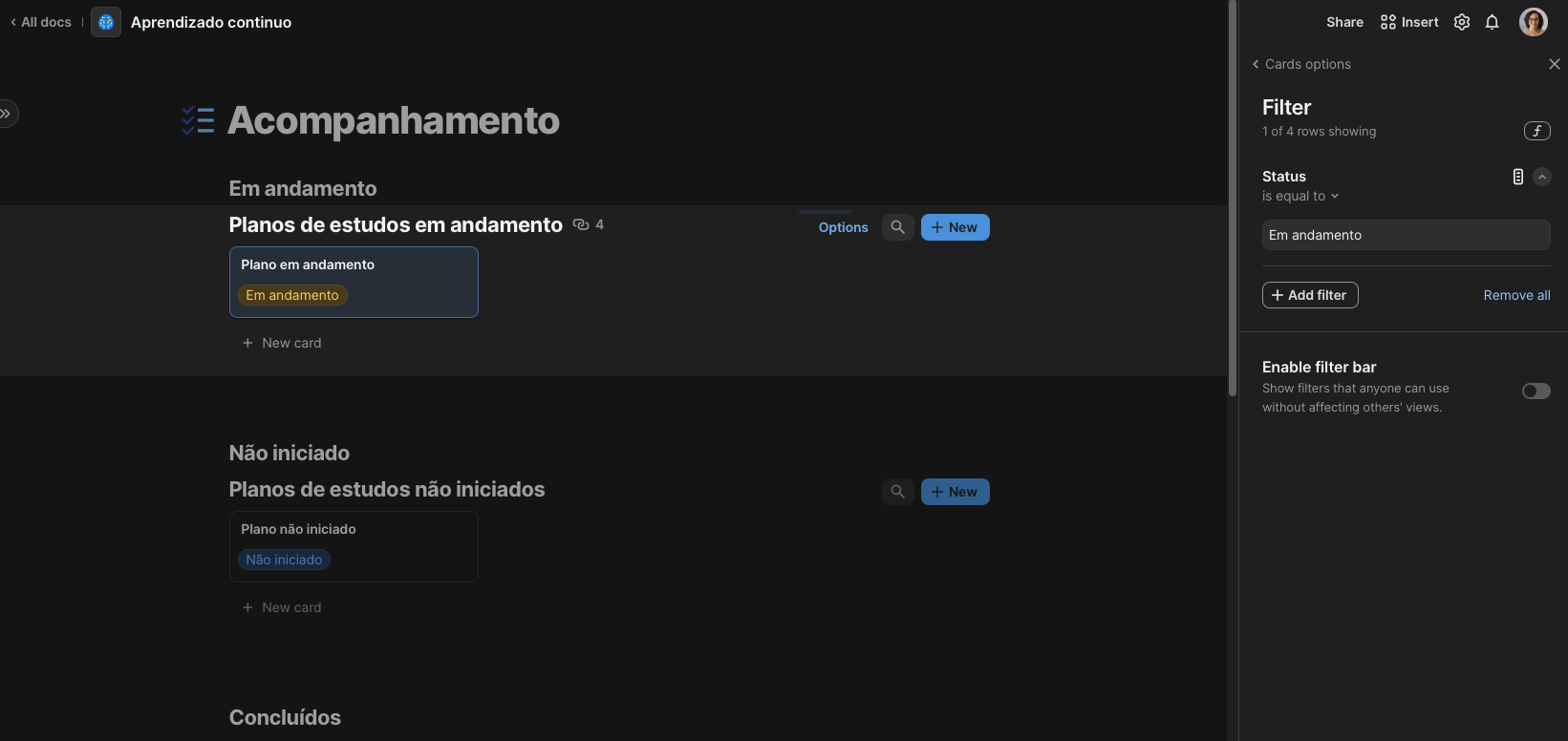 Página de acompanhamento com exemplos de teste