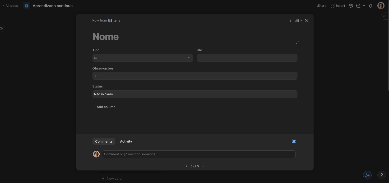 Criação do formulário de cadastro de itens