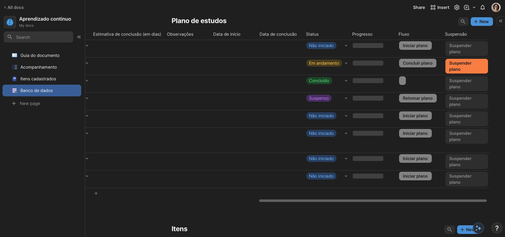 Criação dos botões para controlar o fluxo de status