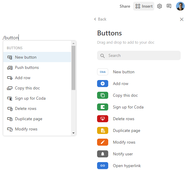 Print das duas opções possíveis para incluir botões nos documentos