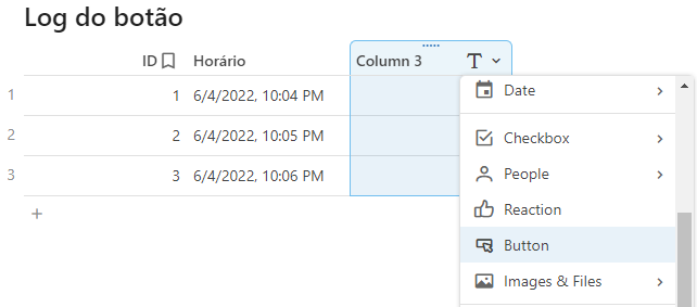 Print da tabela "Log do botão" com uma nova coluna do tipo Button sendo criada