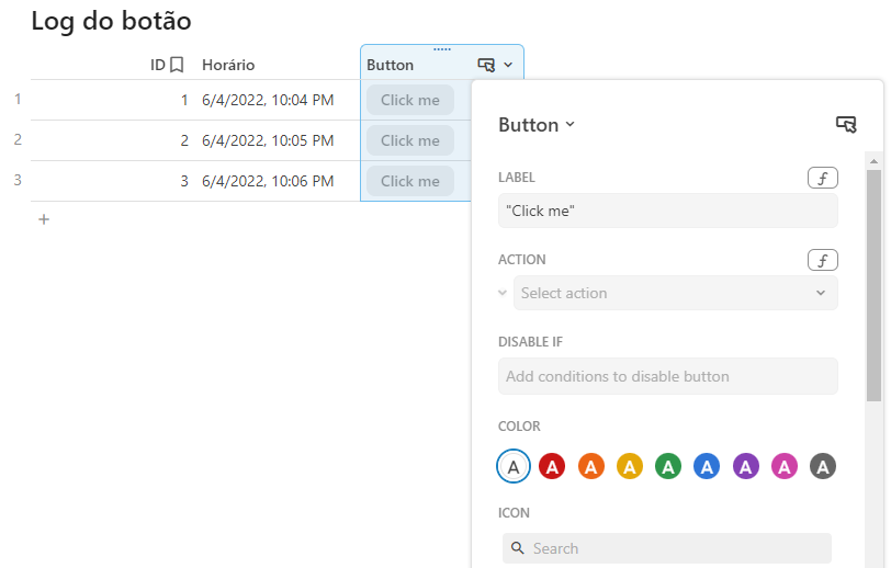 Print da tabela "Log do botão" com o menu flutuante de configuração do botão aparecendo na coluna criada